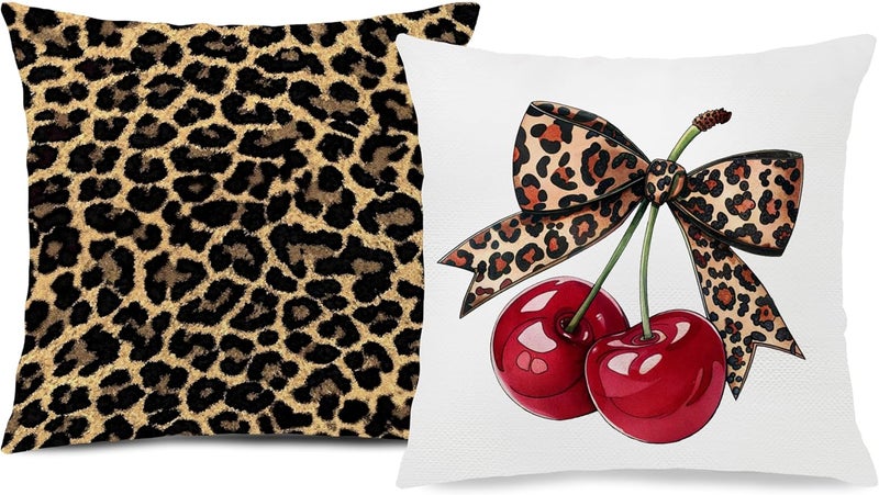 Nipil Trendy Leopard Cheetah Bow Cherry Pillow Covers 18x18 Set of 2, Coquette Cheetah Room Decor, Trendy Cheetah Print Decorative Throw Pillow Covers Pillowcases for Girly Room Bedroom Dorm Apartment - Image 1